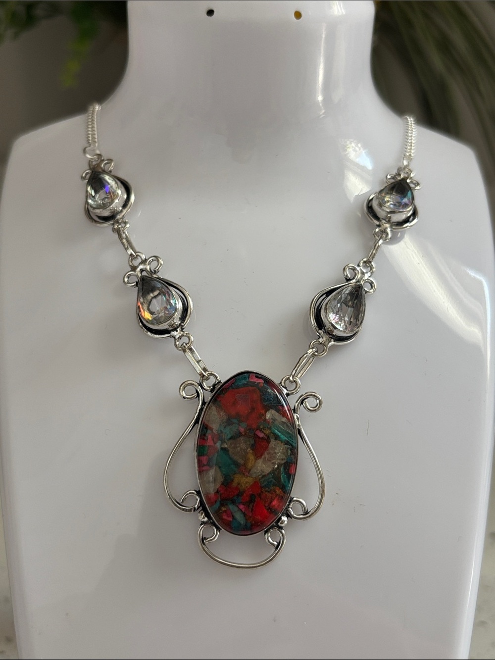 Silver Oyster Turquoise & White Topaz Gemstone Pendant Link Necklace